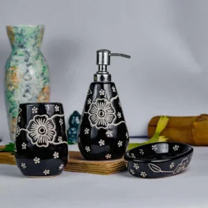 Indiakumhar Black Flower Paint 3pcs Ceramic Bathroom Accessory Set