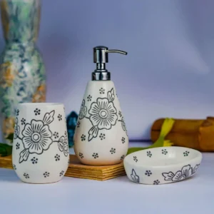 Indiakumhar White Flower Paint 3pcs Ceramic Bathroom Accessory Set