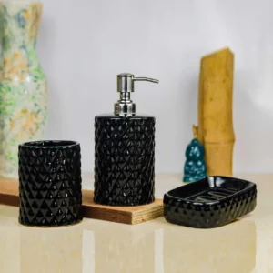 Indiankumhar Black Diamond Ceramic Bathroom Set 3pcs (Liquid Gel Dispenser, Brush holder, Soap tray)