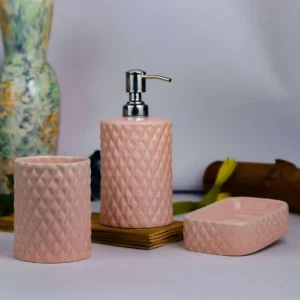 Indiankumhar Pink Diamond Ceramic Bathroom Set 3pcs (Liquid Gel Dispenser, Brush holder, Soap tray)